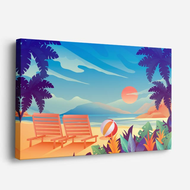 cuadro canvas mar y playa reposeras playa tropical ilustración horizontal