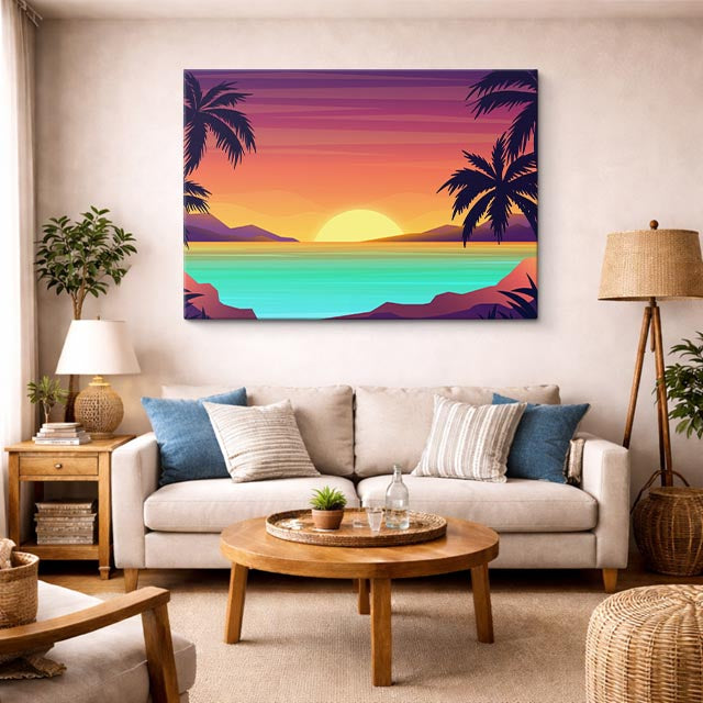 cuadro canvas mar y playa playa morada palmeras atardecer horizontal