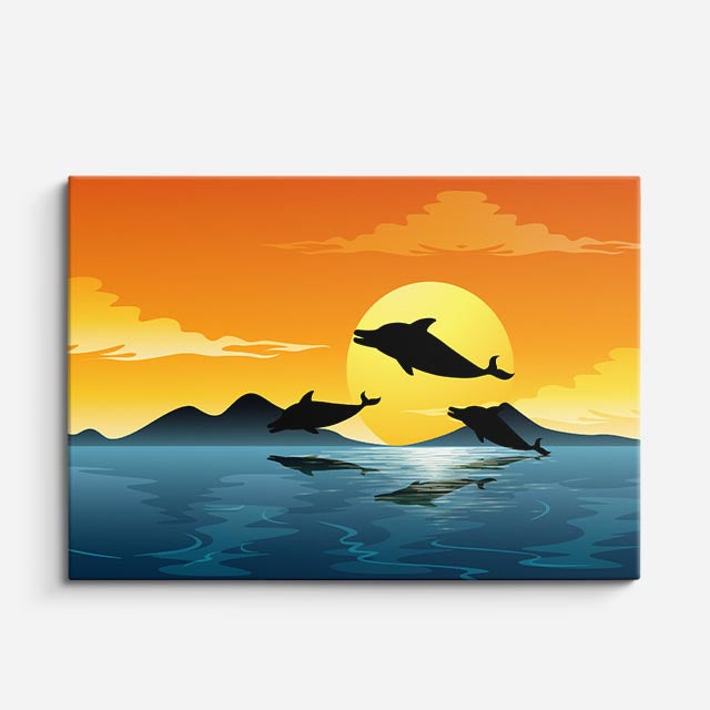 cuadro canvas mar y playa delfines salto sol naranja horizontal