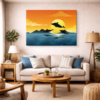 cuadro canvas mar y playa delfines salto sol naranja horizontal