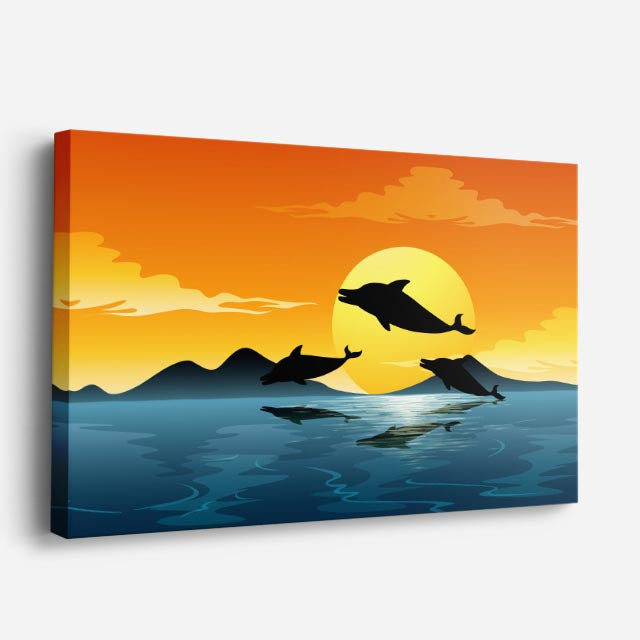 cuadro canvas mar y playa delfines salto sol naranja horizontal