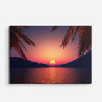 cuadro canvas mar y playa palmeras atardecer rojo profundo horizontal