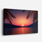 cuadro canvas mar y playa palmeras atardecer rojo profundo horizontal