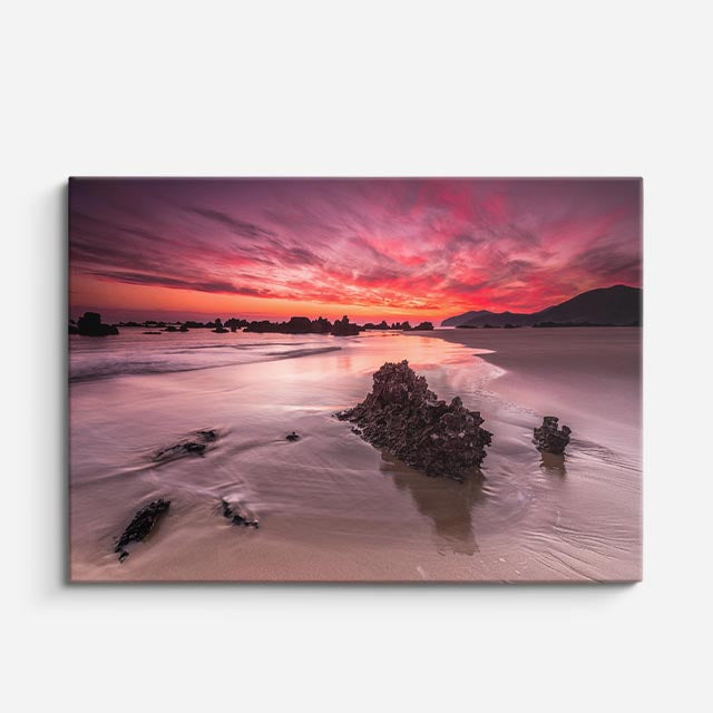 cuadro canvas mar y playa playa roca atardecer rosa horizontal