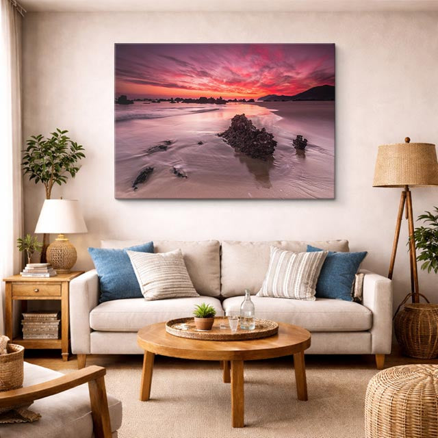 cuadro canvas mar y playa playa roca atardecer rosa horizontal