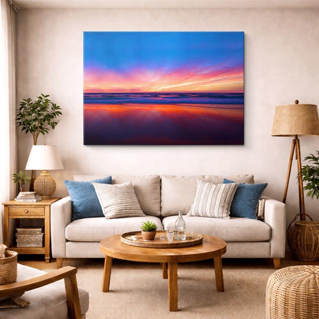 cuadro canvas mar y playa playa atardecer azul vibrante horizontal