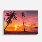 cuadro canvas mar y playa palmera solitaria atardecer naranja horizontal