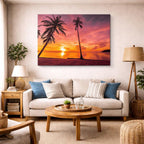 cuadro canvas mar y playa palmera solitaria atardecer naranja horizontal