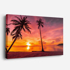 cuadro canvas mar y playa palmera solitaria atardecer naranja horizontal