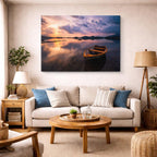 cuadro canvas mar y playa bote lago atardecer suave horizontal