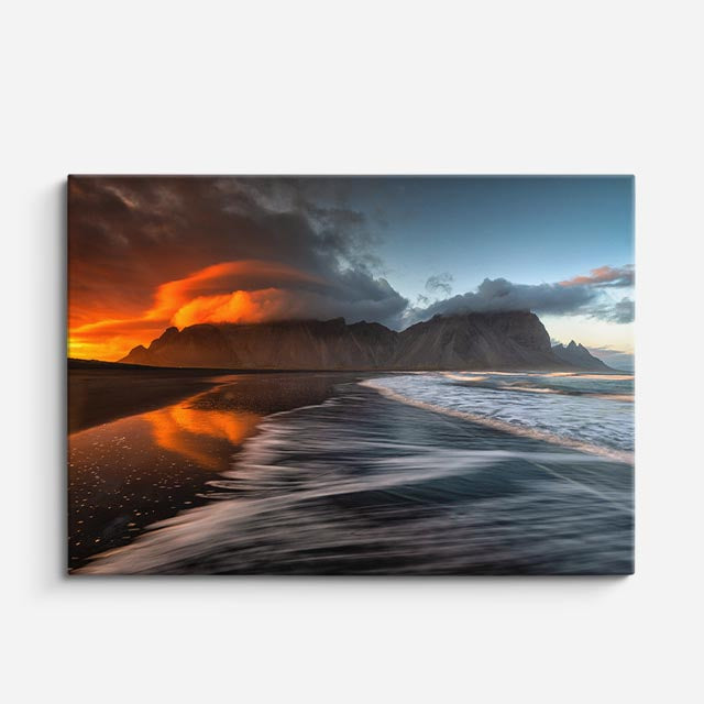 cuadro canvas mar y playa playa rocas atardecer azul naranja horizontal
