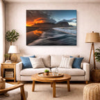 cuadro canvas mar y playa playa rocas atardecer azul naranja horizontal