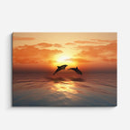 cuadro canvas mar y playa delfines salto atardecer real horizontal