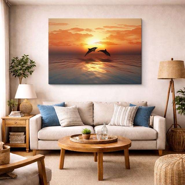 cuadro canvas mar y playa delfines salto atardecer real horizontal