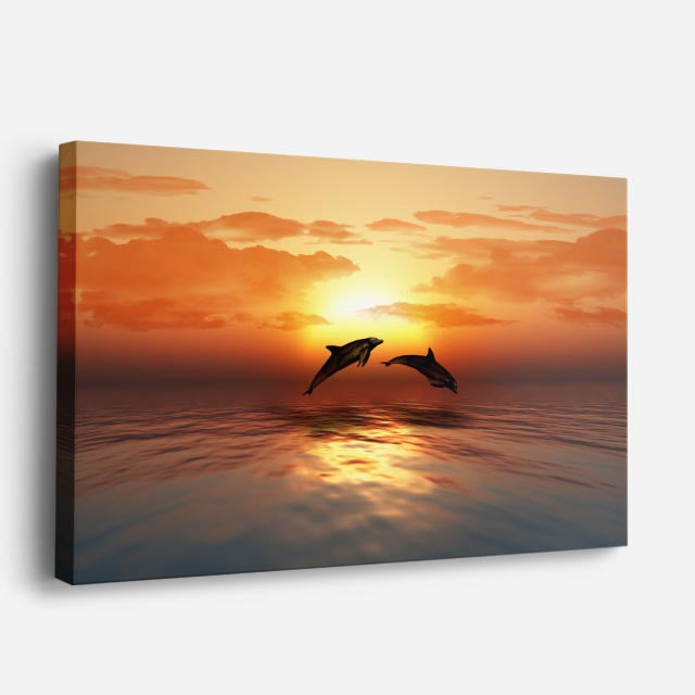 cuadro canvas mar y playa delfines salto atardecer real horizontal