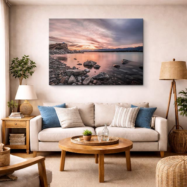 cuadro canvas mar y playa playa rocas atardecer rosa suave horizontal