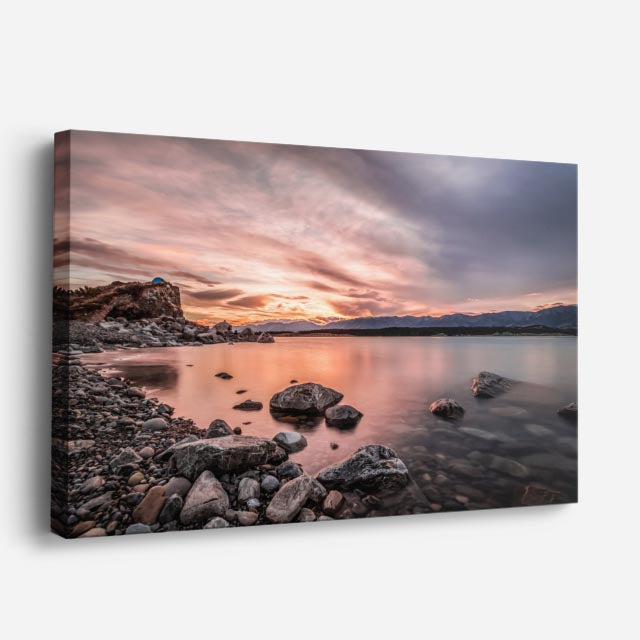 cuadro canvas mar y playa playa rocas atardecer rosa suave horizontal
