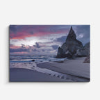 cuadro canvas mar y playa roca solitaria atardecer azul naranja horizontal