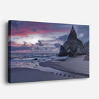 cuadro canvas mar y playa roca solitaria atardecer azul naranja horizontal