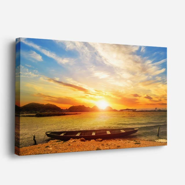 cuadro canvas mar y playa playa barco atardecer dorado horizontal