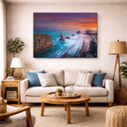 cuadro canvas mar y playa costa rocas atardecer dramático horizontal