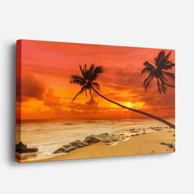 cuadro canvas mar y playa palmera playa atardecer rojo horizontal