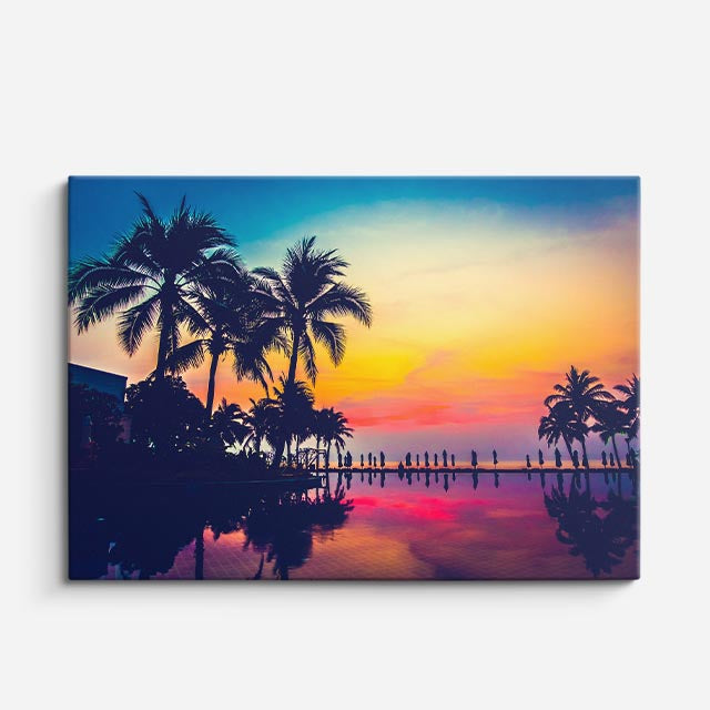 cuadro canvas mar y playa muelle palmeras atardecer colorido horizontal