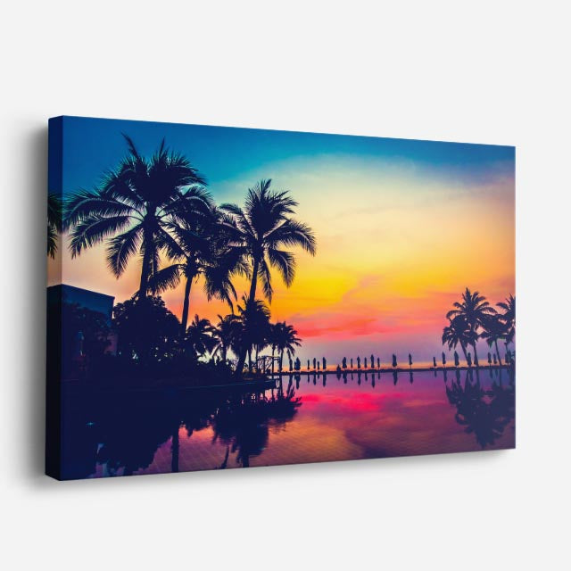 cuadro canvas mar y playa muelle palmeras atardecer colorido horizontal