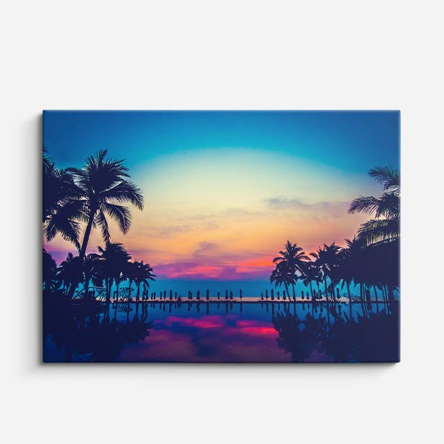 cuadro canvas mar y playa palmeras muelle atardecer colorido horizontal