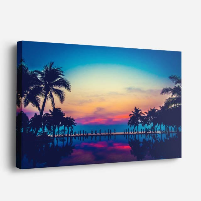 cuadro canvas mar y playa palmeras muelle atardecer colorido horizontal