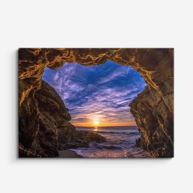 cuadro canvas mar y playa cueva marina atardecer dramático horizontal