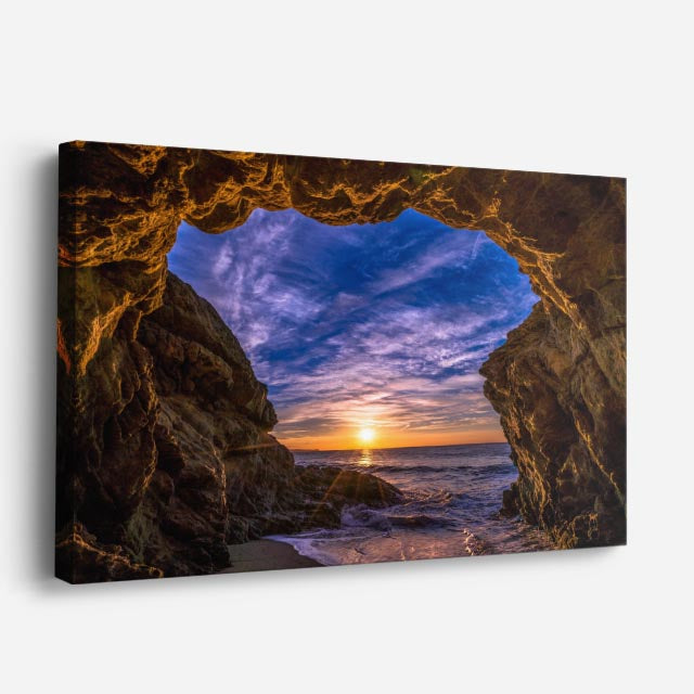 cuadro canvas mar y playa cueva marina atardecer dramático horizontal