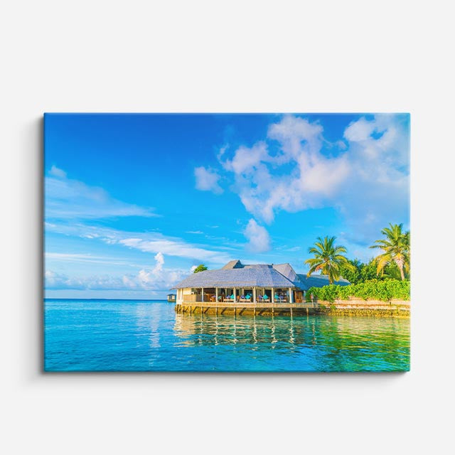 cuadro canvas mar y playa villas palapa agua turquesa horizontal