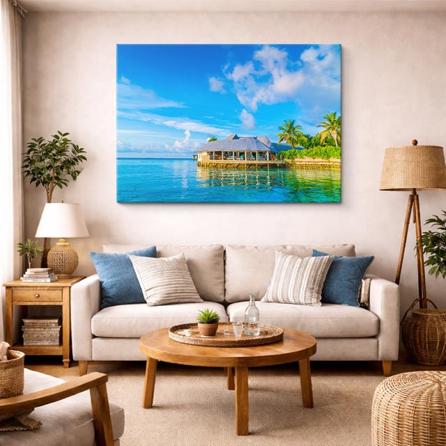 cuadro canvas mar y playa villas palapa agua turquesa horizontal