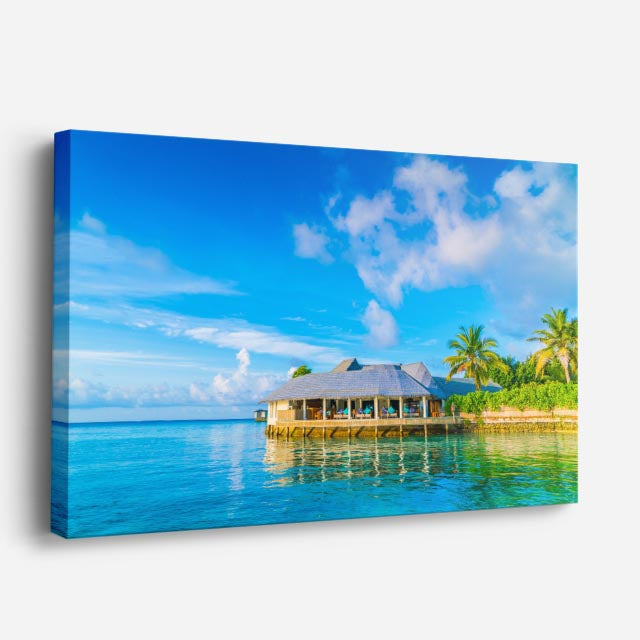 cuadro canvas mar y playa villas palapa agua turquesa horizontal