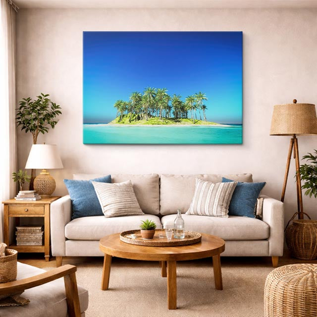 cuadro canvas mar y playa isla solitaria palmeras turquesa horizontal