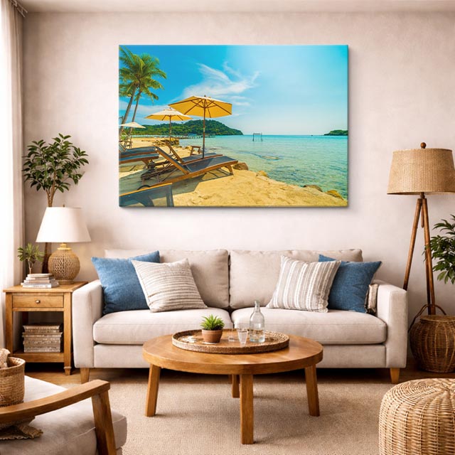cuadro canvas mar y playa silla sombrilla playa turquesa horizontal
