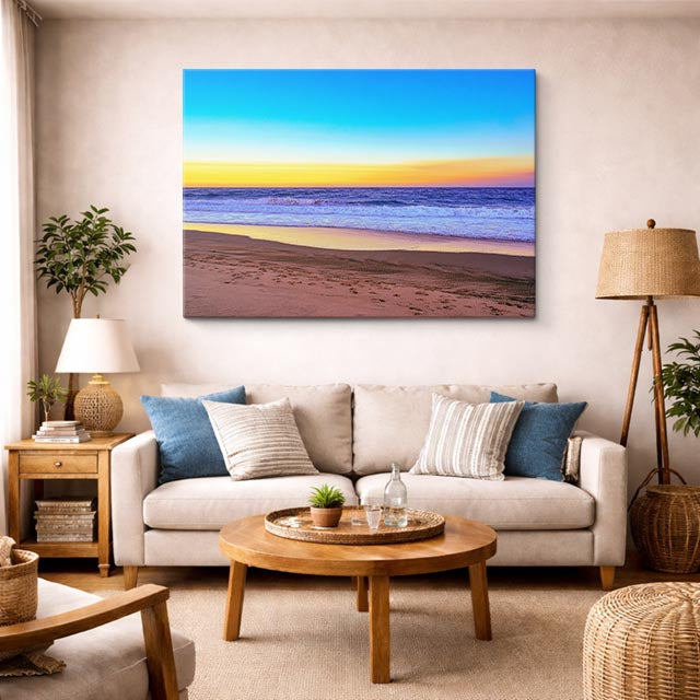 cuadro canvas mar y playa playa atardecer azul amarillo horizontal