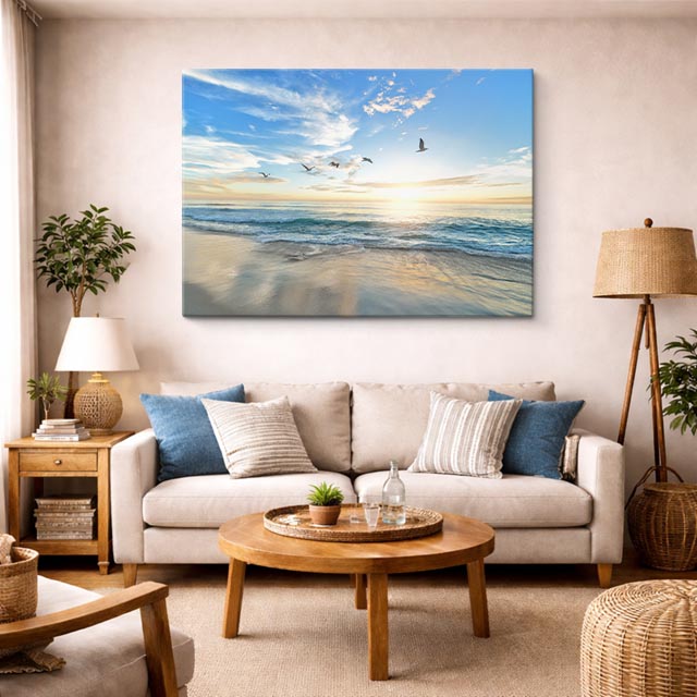 cuadro canvas mar y playa playa aves atardecer suave horizontal