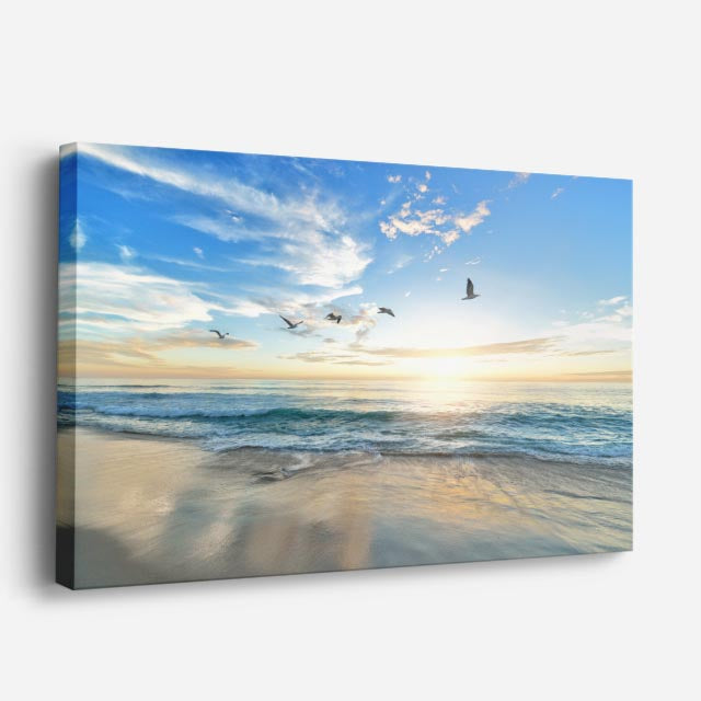 cuadro canvas mar y playa playa aves atardecer suave horizontal