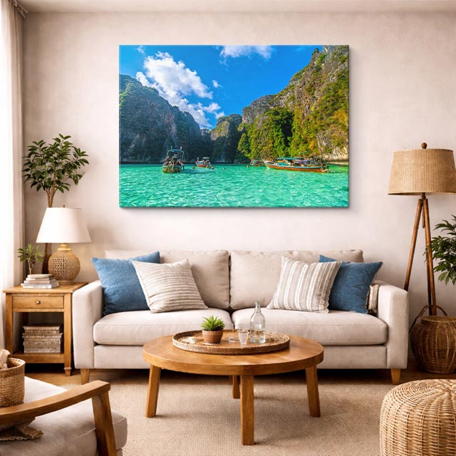 cuadro canvas mar y playa bahía acantilados turquesa barcos horizontal