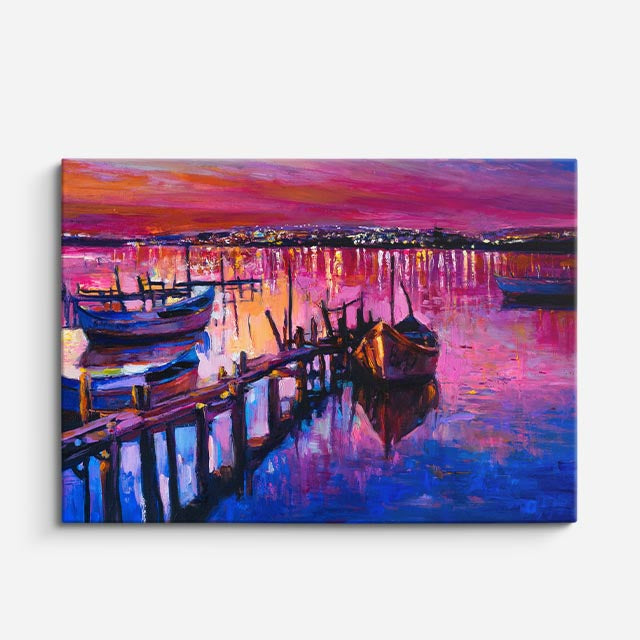 cuadro canvas mar y playa pintura muelle botes coloridos horizontal