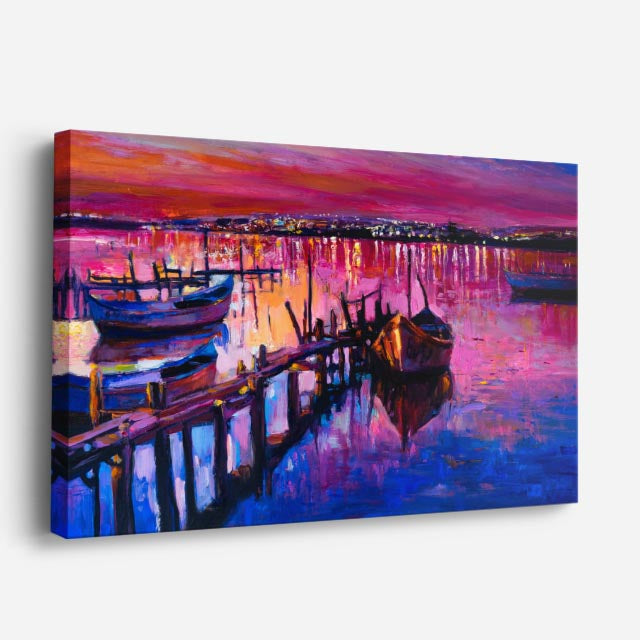 cuadro canvas mar y playa pintura muelle botes coloridos horizontal