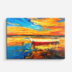 cuadro canvas mar y playa pintura bote atardecer naranja horizontal