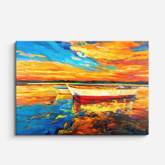 cuadro canvas mar y playa pintura bote atardecer naranja horizontal
