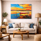 cuadro canvas mar y playa pintura bote atardecer naranja horizontal