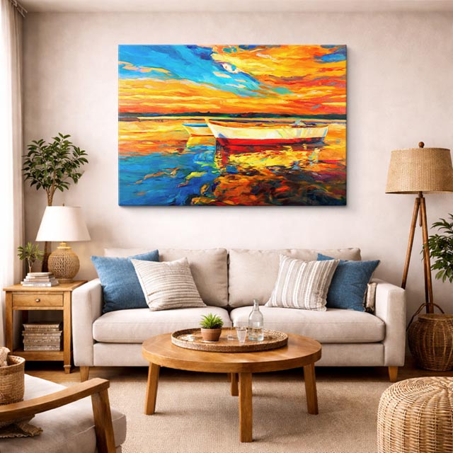 cuadro canvas mar y playa pintura bote atardecer naranja horizontal