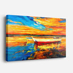 cuadro canvas mar y playa pintura bote atardecer naranja horizontal