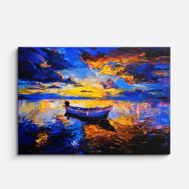 cuadro canvas mar y playa pintura bote azul nocturno horizontal
