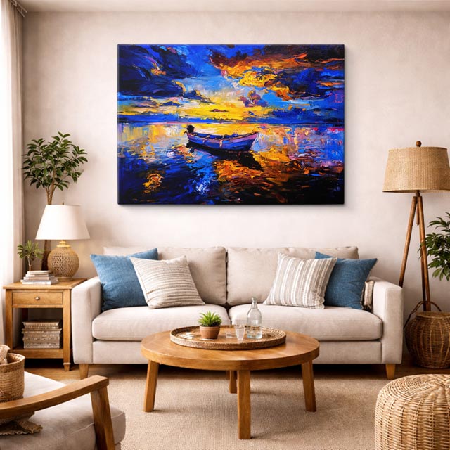 cuadro canvas mar y playa pintura bote azul nocturno horizontal